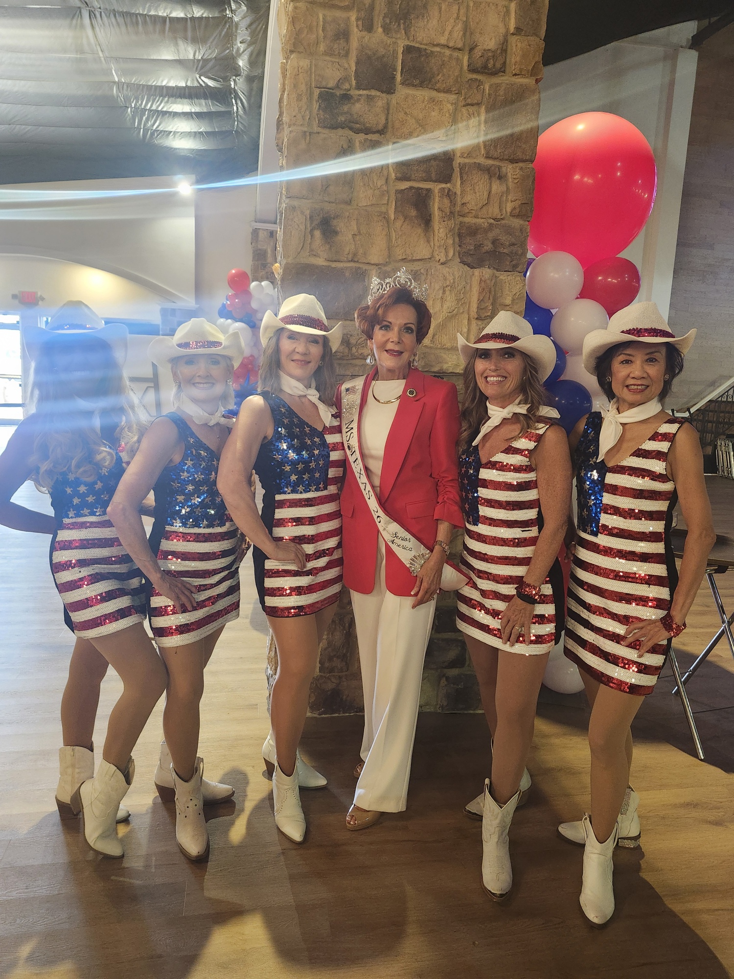 Sassafras Dance Group with Ms. Texas Senior America in patriotic sequin dresses